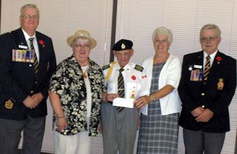L-R Doug Pitt, Poppy Fund Treasurer; Genny Vincent, Community Care board chair; Don Istead, Poppy Fund Chair; Betty Lee, Community Care; Ted Taylor, President of Branch 78, Royal Canadian Legion in Picton.